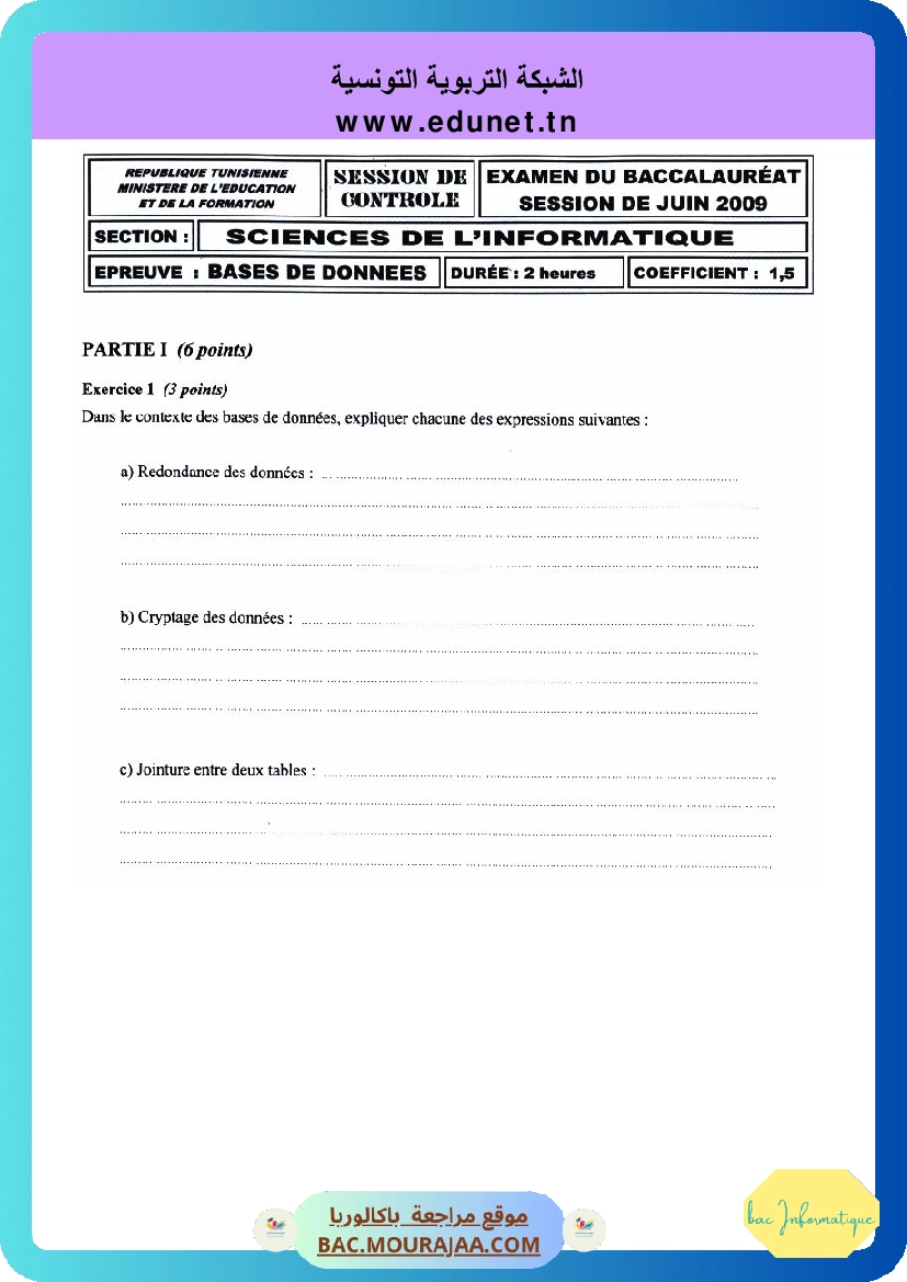 Sujet controle bd Bac 2009 – Section info